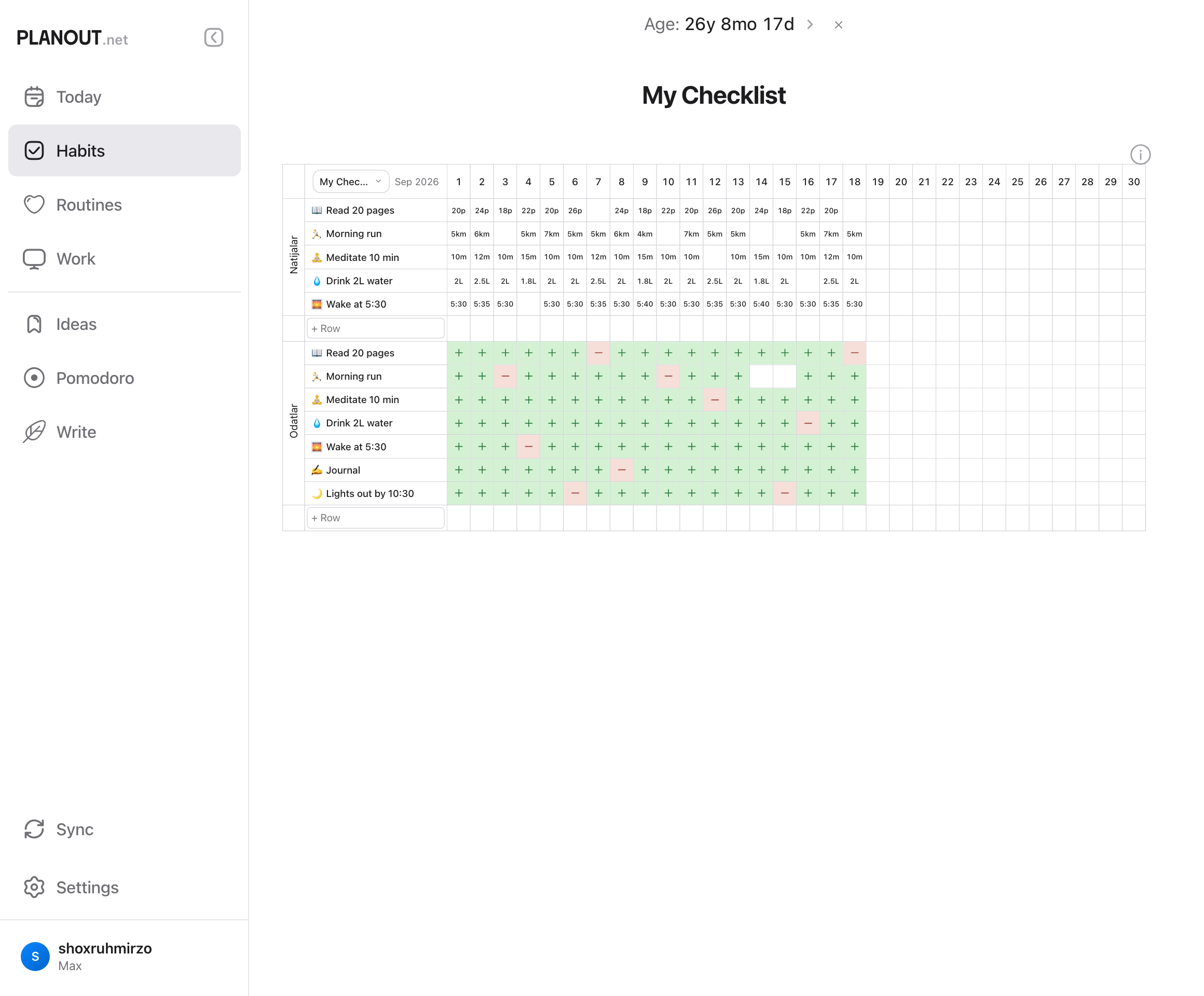 Habit tracking grid in Planout