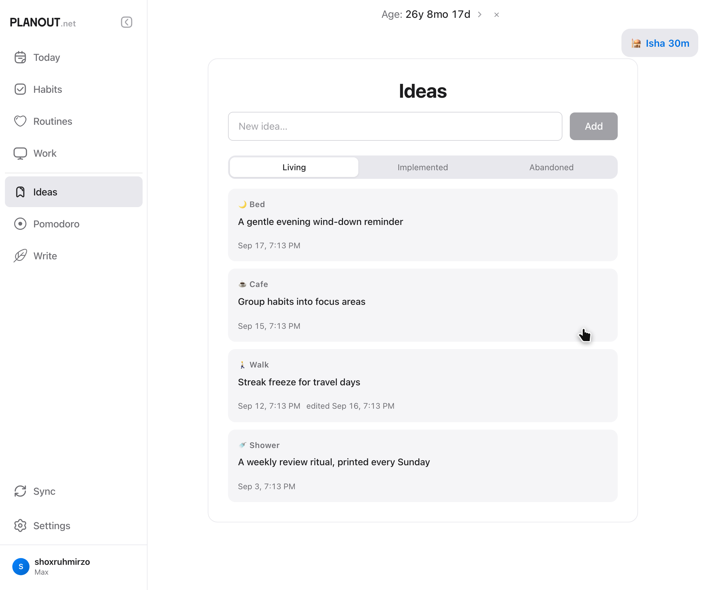 Ideas list in Planout