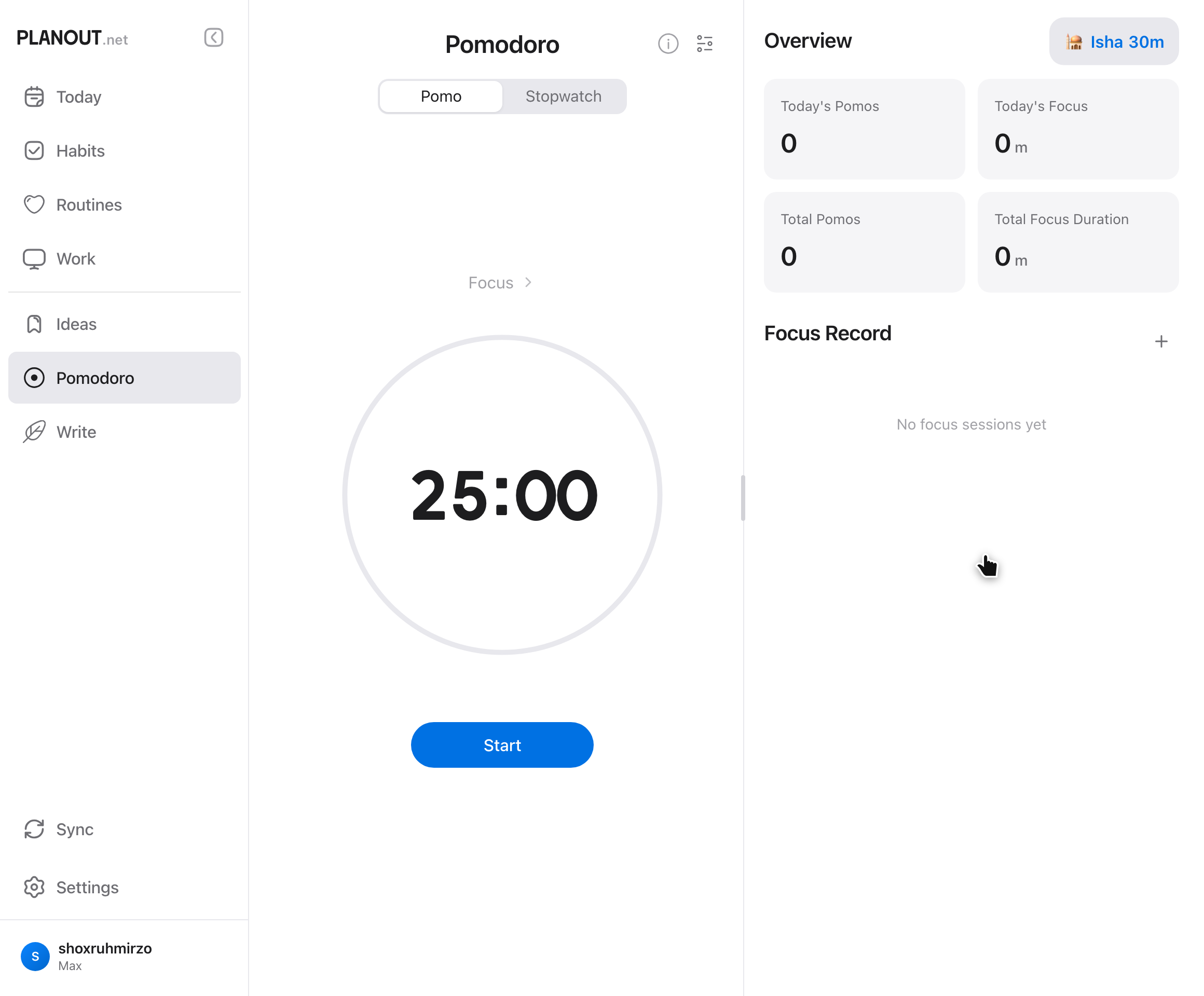 Pomodoro focus timer in Planout