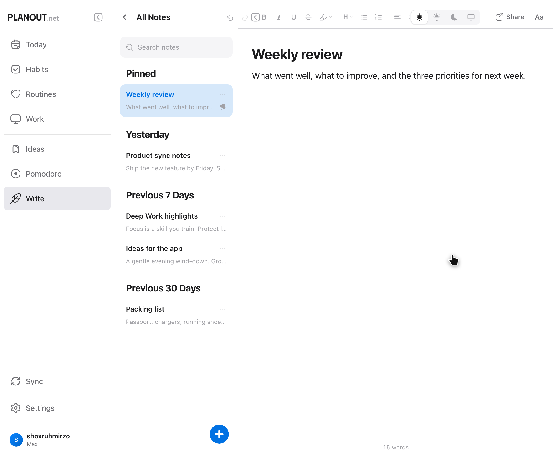 Rich-text notes in Planout
